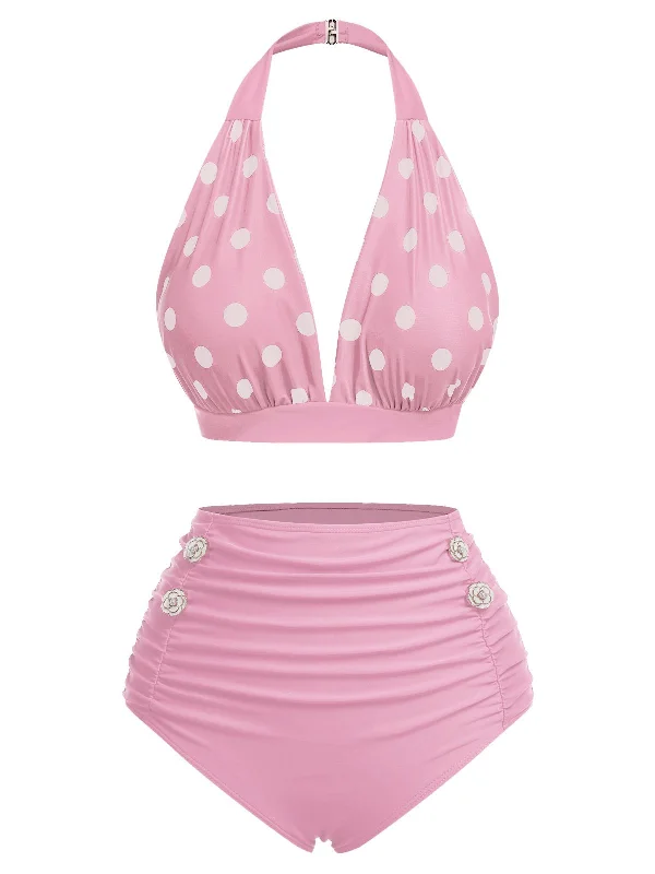 Pink 1950s Polka Dot Halter Separate Swimsuit