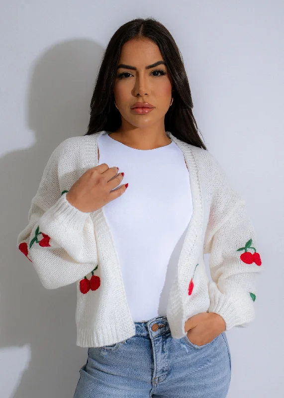 Women's Jumpsuits with Shawl CollarCherry Delight Knit Sweater White