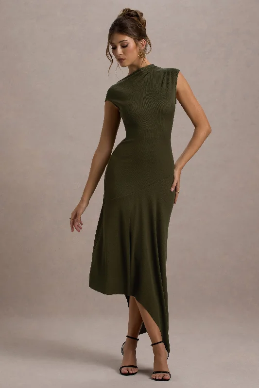 Women's High-Low DressesOndine | Khaki Asymmetric Draped Midi Dress