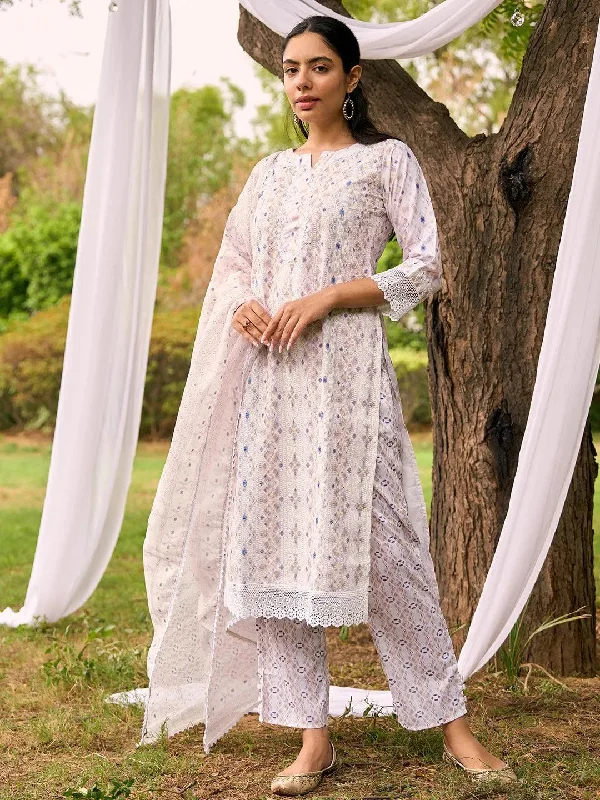 Women's RompersBeige Embroidered Cotton Blend Straight Suit With Dupatta