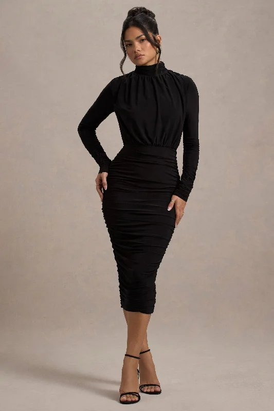 Women's Cap-Sleeve DressesDasha |  Black Ruched High-Neck Long-Sleeve Midi Dress