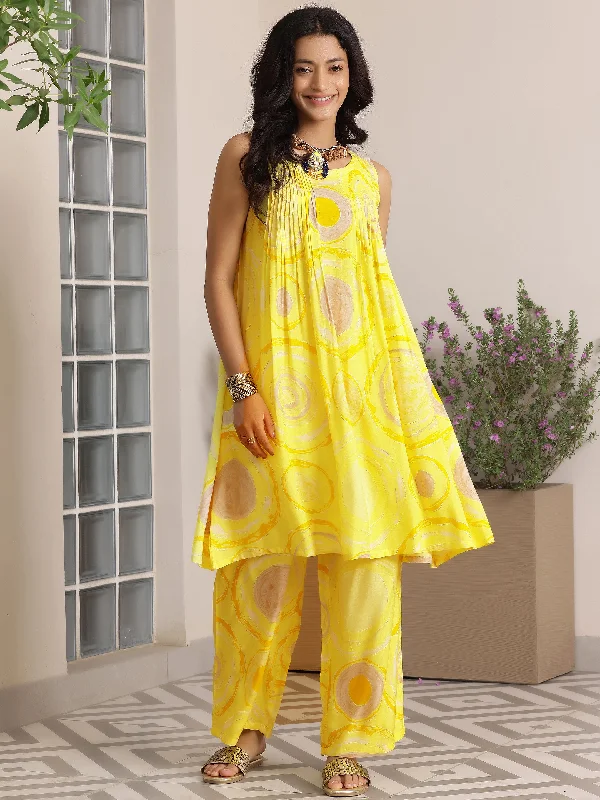 Women's Jumpsuits with Tapered LegYellow Printed Silk Blend Co-Ords