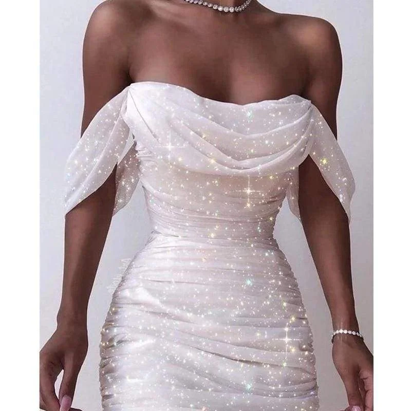 Women's Gathered DressesFashionSierra - Off Shoulder Pleated White bodycon Dress Women Strapless Backless Shinny Dress Elegant Party Dresses Clothes