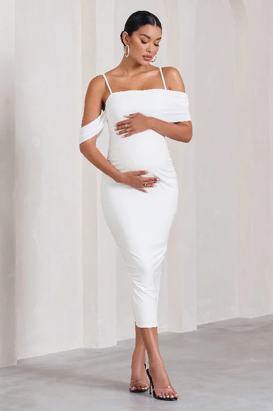 Women's Rounded Collar DressesShelby | White Mesh Bardot Strappy Maternity Midi Dress