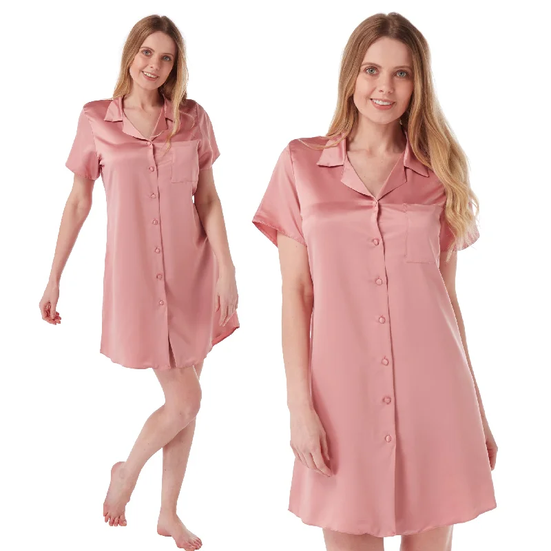 women's pajamas for those who seek ultimate relaxationDark Pink Sexy Satin Nightshirt Nightie Short Sleeve Knee Length Negligee