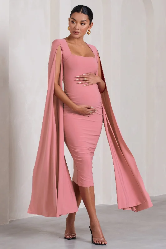 Women's V-Shaped Collar DressesFlawless | Blush Pink Maternity Square Neck Midi Dress With Cape Sleeves