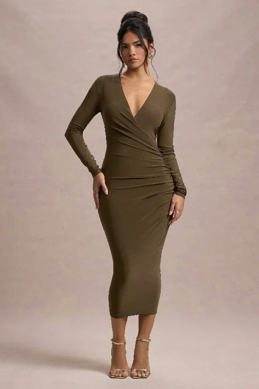 Women's Sweetheart-Neck DressesMarcia | Khaki Bodycon Plunge-Neck Midi Dress