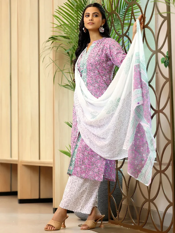 Women's Jumpsuits with Full LengthPink Printed Cotton Straight Suit With Dupatta