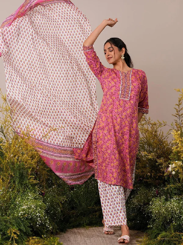 Women's Jumpsuits with Notched CollarPink Printed Cotton Straight Suit With Dupatta