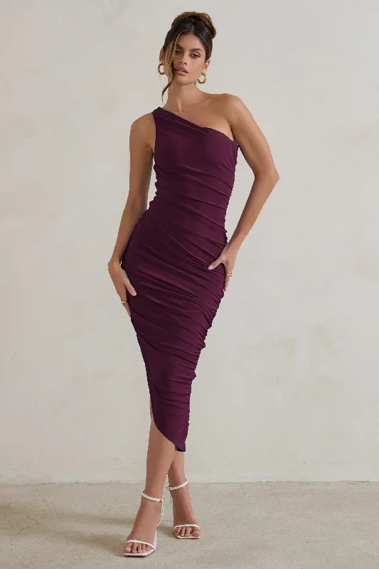 Women's Long-Sleeve DressesDorit | Plum One Shoulder Asymmetric Ruched Midi Dress