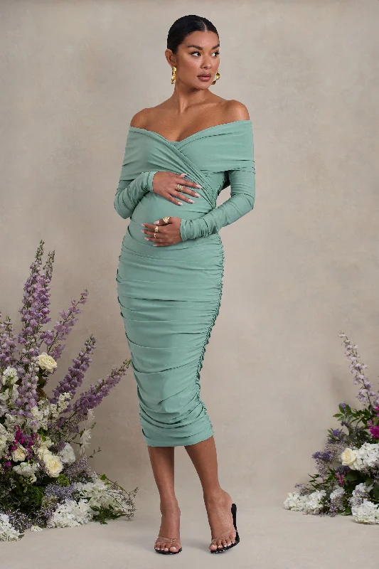 Women's Peter Pan Collar DressesDavina | Sage Ruched Twist Bardot Long-Sleeve Maternity Midi Dress