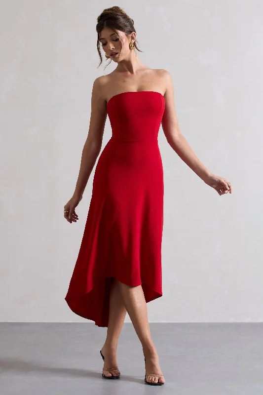 Women's Boat-Back DressesAriela | Red Bandeau High-Low Midi Dress