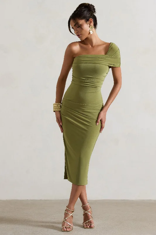 Women's Round-Neck DressesHawaii | Olive Asymmetric One-Shoulder Split Midi Dress