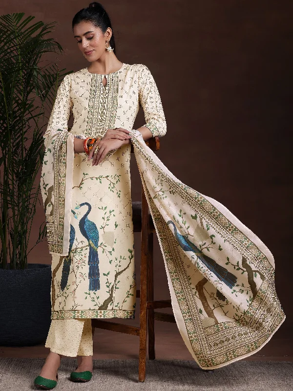 Women's Jumpsuits with V-Shaped CollarOff White Printed Poly Crepe Straight Suit With Dupatta