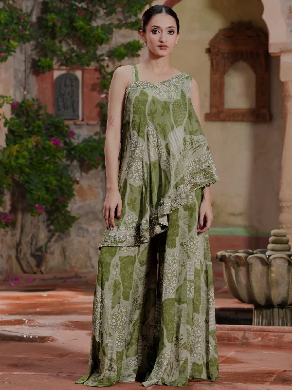 Women's Jumpsuits with Collarless DesignGreen Printed Silk Blend Co-Ords