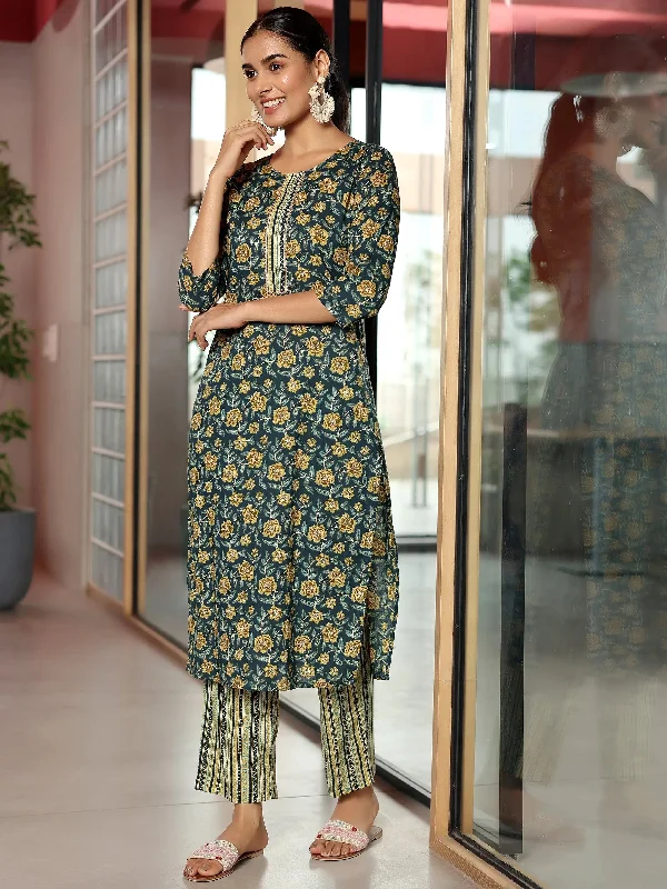 Women's Jumpsuits with Peter Pan CollarGreen Printed Cotton Straight Kurta Set