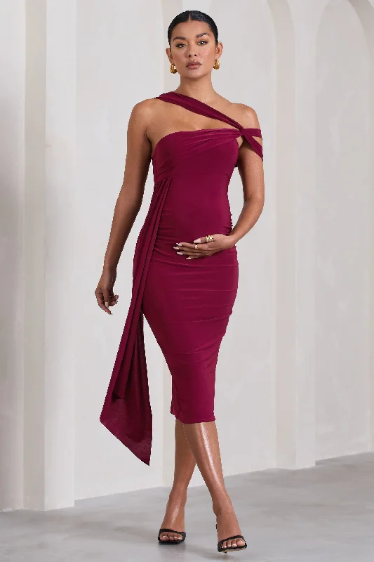 Women's Pencil DressesJust Wait | Berry Asymmetric Strappy Maternity Midi Dress With Drape