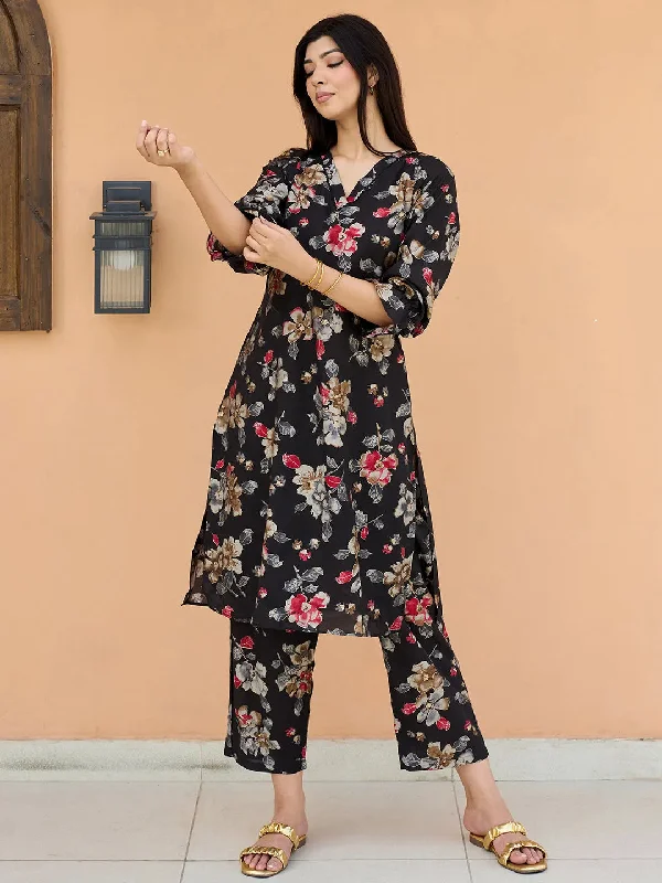 Women's Jumpsuits with PocketsBlack Printed Silk Blend Co-Ords