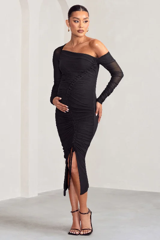 Women's Mandarin Collar DressesSweet Dreams | Black Maternity Asymmetric Ruched Midi Dress