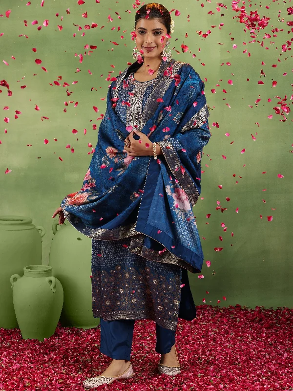 Women's Jumpsuits with Square CollarBlue Printed Silk Blend Straight Suit With Dupatta