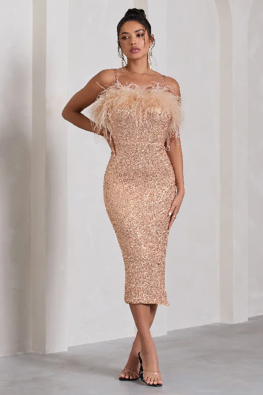 Women's V-Shaped-Neck DressesIn Your Head | Rose Gold Sequin Strappy Midi Dress With Feathers