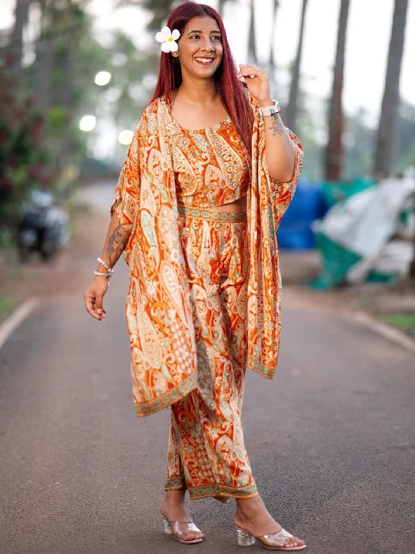 Women's Jumpsuits with Low CollarOrange Printed Silk Blend 3 Piece Co-Ords