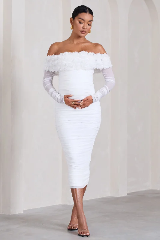 Women's Low Collar DressesOrchid | White Ruched Mesh Floral Bardot Maternity Midi Dress