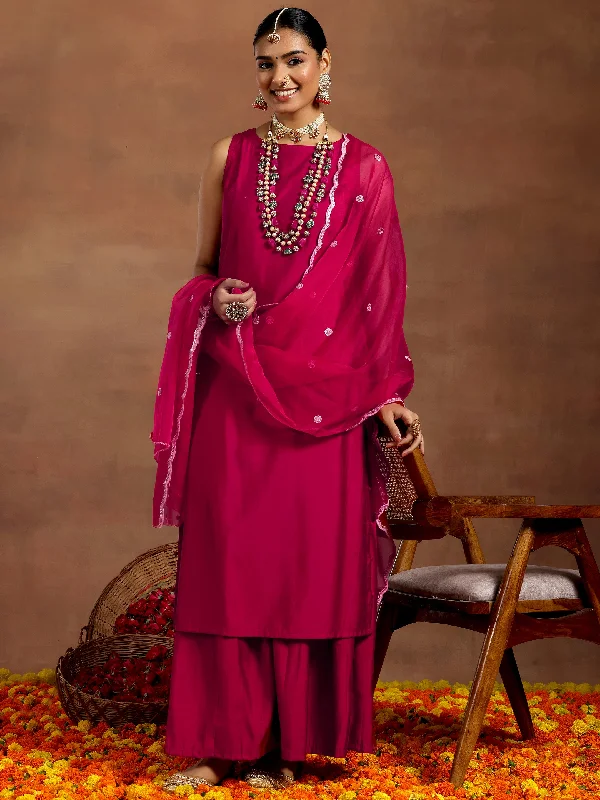 Women's Jumpsuits with Notched CollarPink Solid Silk Blend Straight Suit With Dupatta