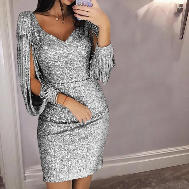 Women's Boat Collar DressesFashionSierra - Tassel lantern sleeve sequin dress Women sexy v neck bodycon dresses Autumn fashion elegant party dress Sequined vestidos mujer