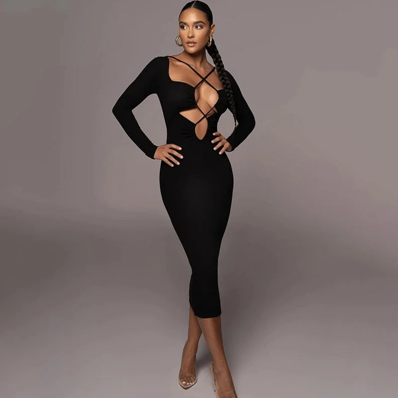 Women's Narrow-Neck DressesBerriesJam - Sexy Bandage Hollow Out Bodycon Long Sleeve Dress