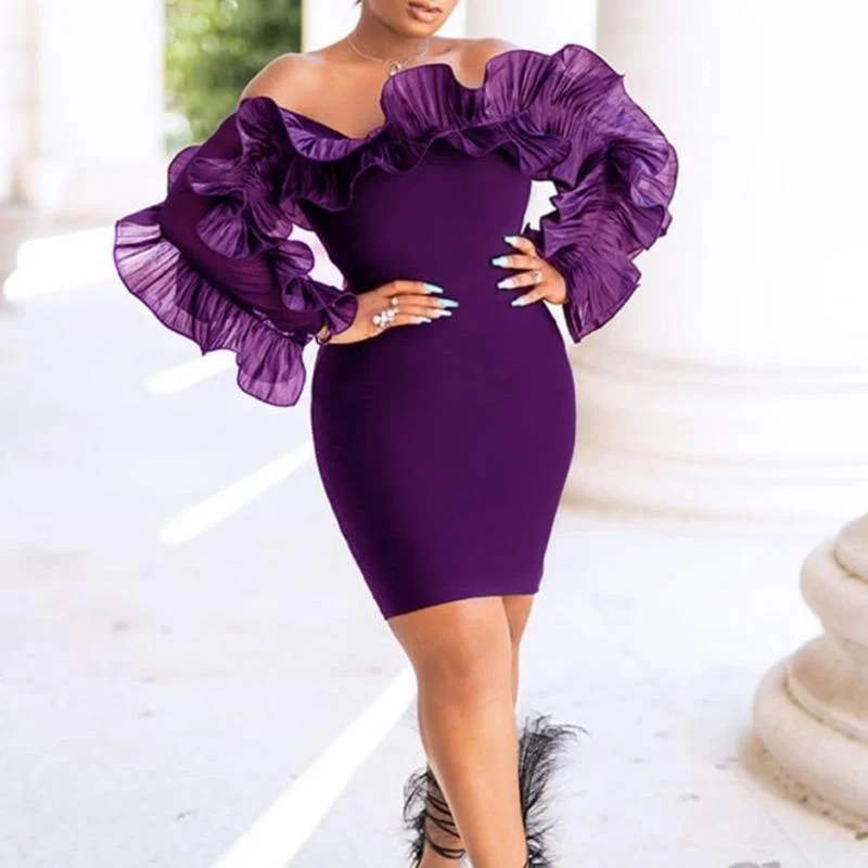 Women's Midi DressesFashionSierra - XXL Ruffles Shoulder Bodycon Dress Women Solif Color Elegant Long Sleeve Party Dress