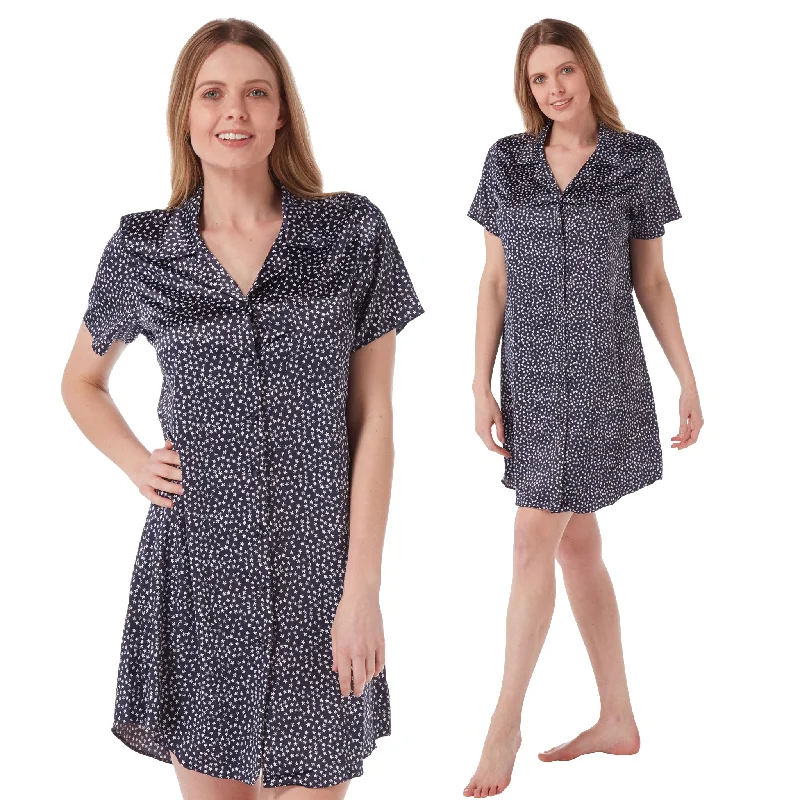 women's pajamas with breathable fabricNavy Star Print Sexy Satin Nightshirt Nightie Short Sleeve Knee Length Negligee