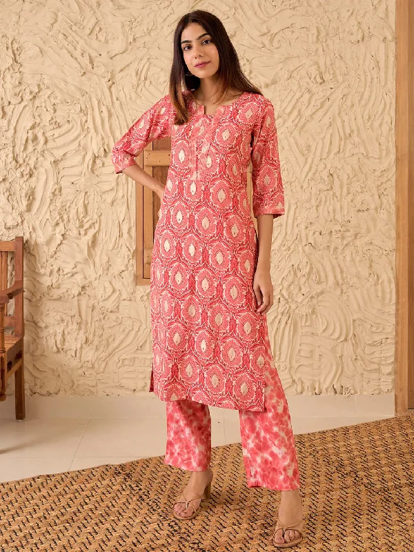 Women's RompersPeach Printed Silk Blend Straight Kurta Set