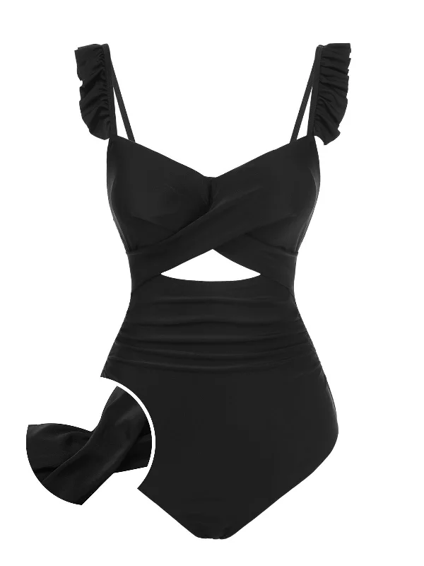 Black 1950s Solid Ruffled Strap Swimsuit