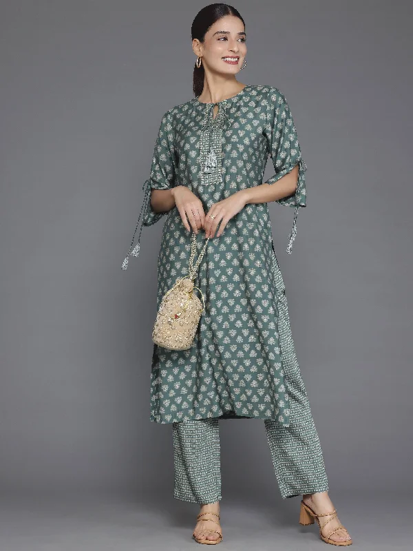 Women's Jumpsuits with Shirt CollarGreen Printed Silk Blend Straight Kurta Set