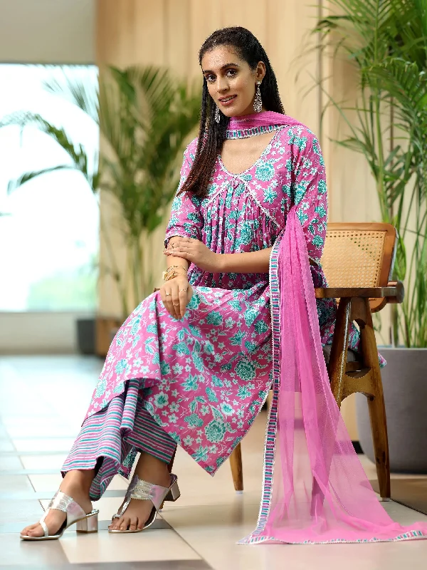 Women's Jumpsuits with Straight LegPink Printed Cotton A-Line Kurta With Palazzos & Dupatta