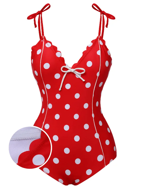 Red 1950s Polka Dot Shoulder Tie Swimsuit