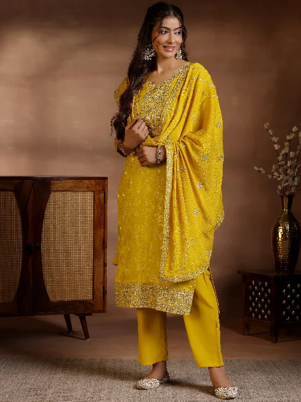 Women's Sleeveless JumpsuitsMustard Woven Design Silk Blend Straight Suit With Dupatta