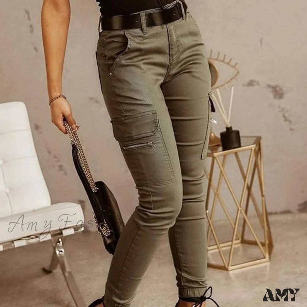 Women's Palazzo PantsAmy Fashion - Fashion Solid Color Casual Pocket Button Zipper Slim Trousers