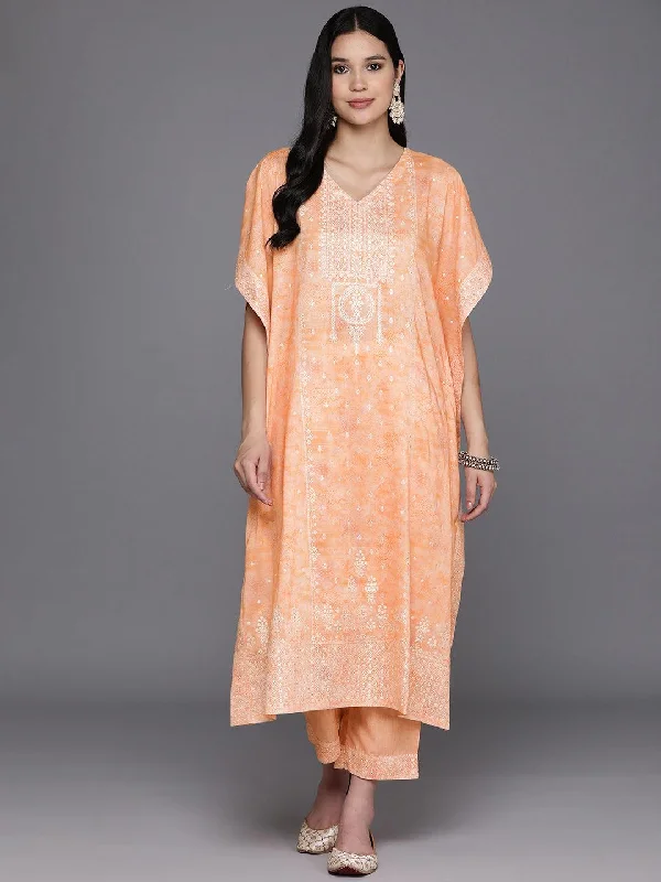 Women's Jumpsuits with Flared LegOrange Printed Silk Blend Kaftan Kaftan With Trousers