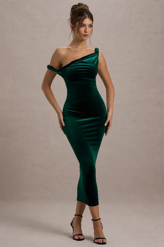 Women's Keyhole-Neck DressesCarella | Bottle Green Velvet Twisted Asymmetric Midi Dress