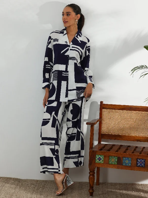 Women's Jumpsuits with Shirt CollarWhite Printed Rayon Co-Ords