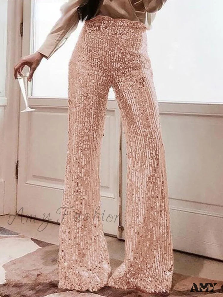 Women's Harem PantsAmy Fashion - Solid Color High Waist Sequins Decor Bell Bottomed Pants