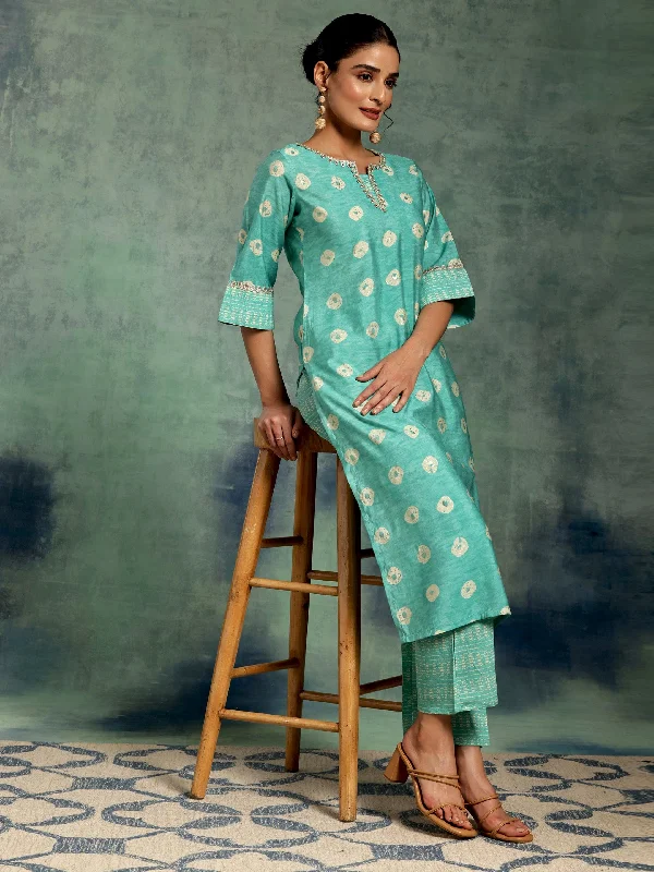 Women's Jumpsuits with Lapel CollarGreen Printed Silk Blend Straight Kurta Set