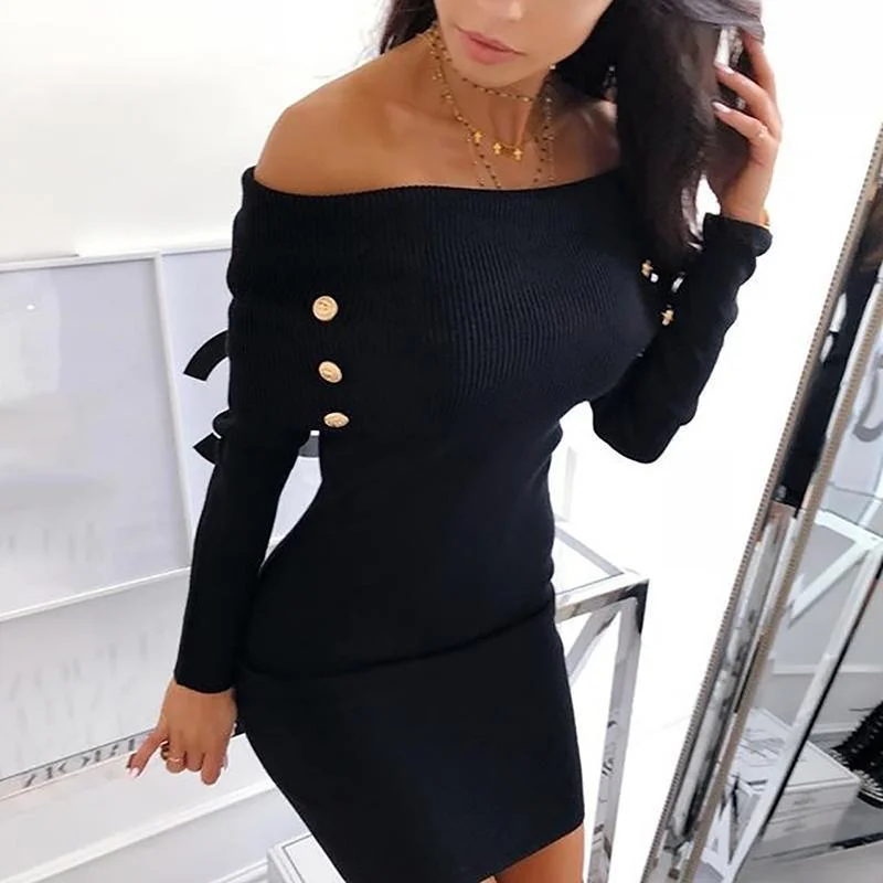 Women's Pencil DressesFashionSierra - Off shoulder knitted sweater dress Women solid button grey black knitting dresses Elegant bodycon party dress Winter vestidos