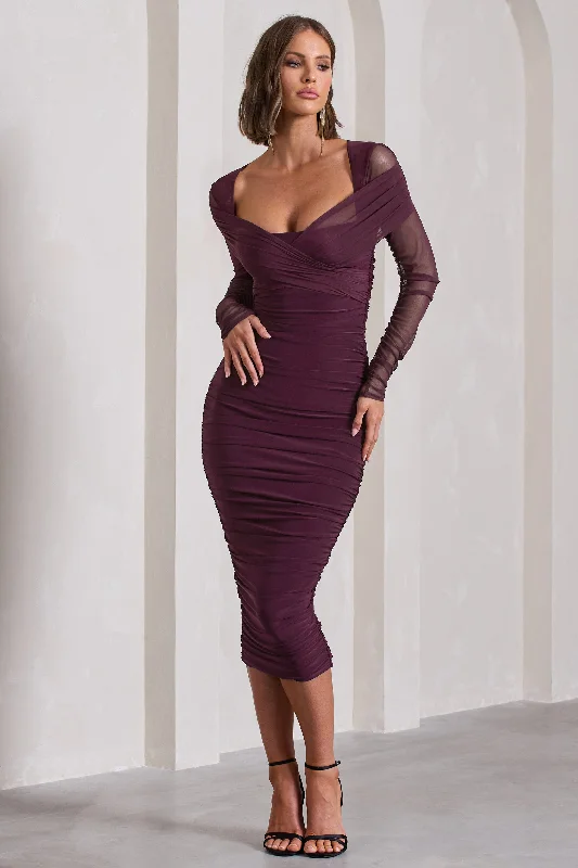 Women's Square-Back DressesBetween The Lines | Plum Ruched Mesh Long-Sleeved Bodycon Midi Dress