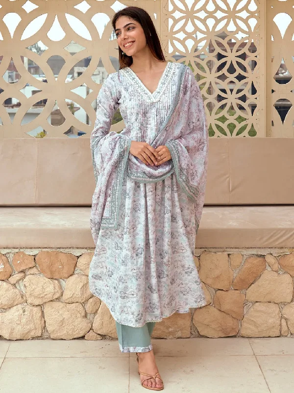 Women's Jumpsuits with Mid WaistOff White Printed Cotton Blend A-Line Kurta With Palazzos & Dupatta