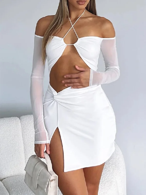 Women's Boat-Neck DressesBerriesJam - 2024 Solid Backless Off The Shoulder Split Halter Bodycon Dress