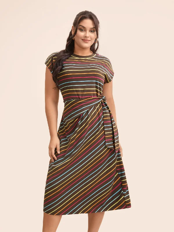 Women's Boat-Neck DressesColored Striped Tie Knot Cap Sleeve Dress