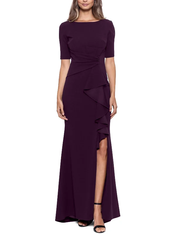 Women's Square-Neck DressesPetites Womens Ruched Boatneck Evening Dress